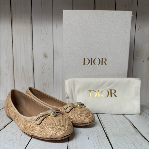 Christian Dior Raffia Cannage Ballet Flat Natural Beige Sz 38 / 8 - Picture 1 of 16